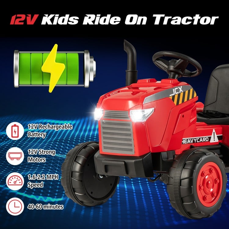 Red 12V Kids Ride On Tractor with trailer, featuring remote control, 1-2 hours playtime, and premium wheels for varied.